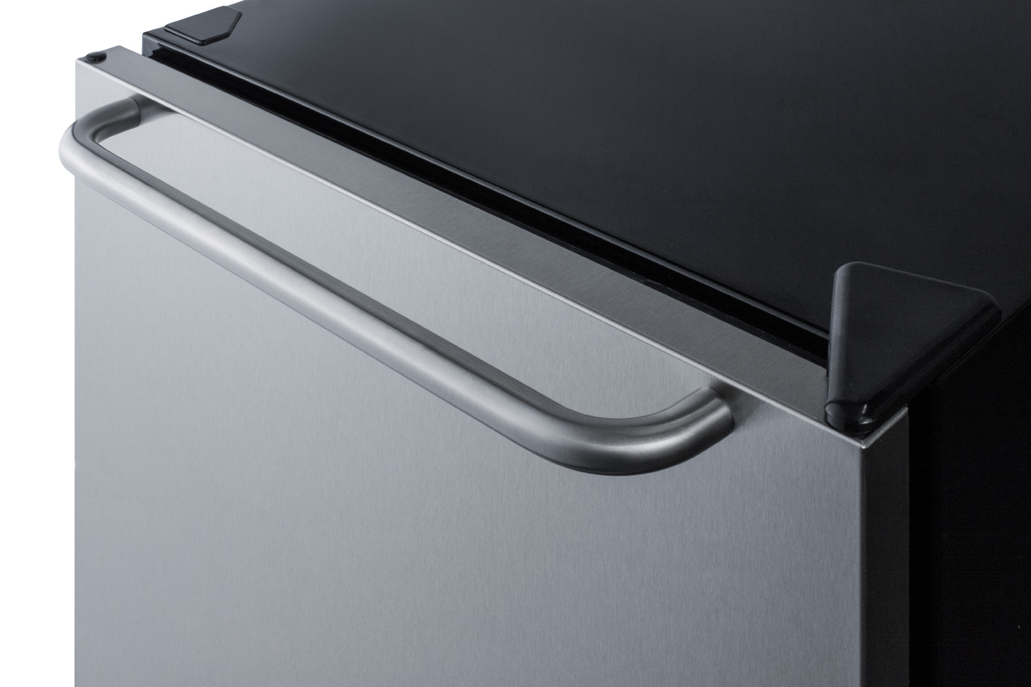 24 inch wide ADA compliant built-in undercounter all-refrigerator for residential use, auto defrost with stainless steel wrapped door, horizontally mounted handle, and black cabinet